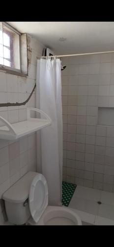 a white bathroom with a toilet and a shower at Dodig in Chincha