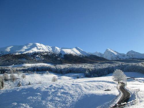 a snow covered mountain with a road in the foreground at Taxus Hostel in Pieve Tesino
