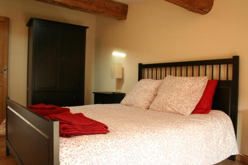 a bedroom with a large bed with red pillows at Carcassonne Pont Vieux Apartments in Carcassonne