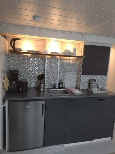 a kitchen with a sink and a counter top at Lakeview apartment, Espoo in Espoo