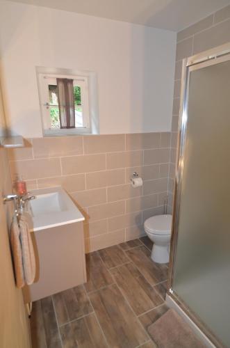 une salle de bain avec toilettes, lavabo et douche dans l'établissement Gite Moulin du Squiriou, à Berrien