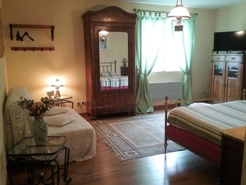 ein Schlafzimmer mit einem Bett und einem großen Spiegel in der Unterkunft Les Chambres de la Nied in Condé-Northen