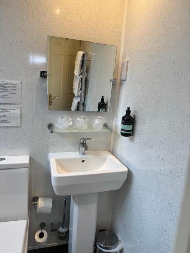 a bathroom with a white sink and a mirror at The Dog & Partridge Country Inn in Ashbourne