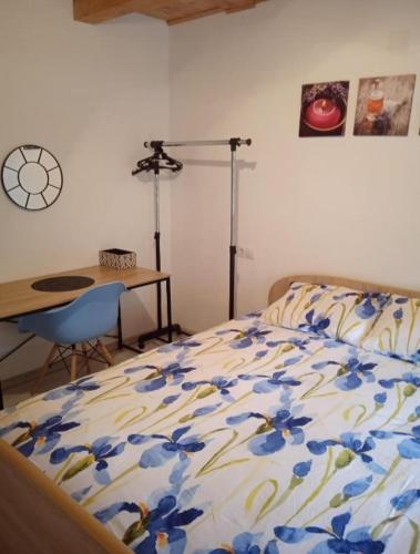 a bedroom with a bed and a table and a desk at Vila Sabo in Sîntioana