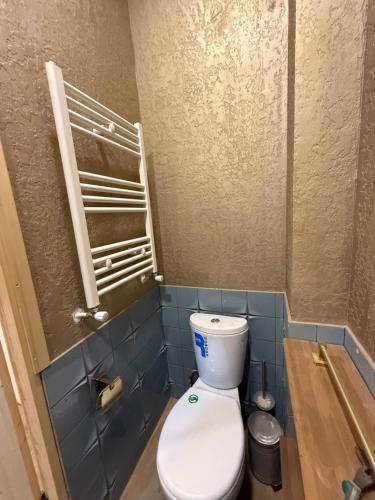 a bathroom with a toilet and a blue tiled wall at Bakuriani in Bakuriani