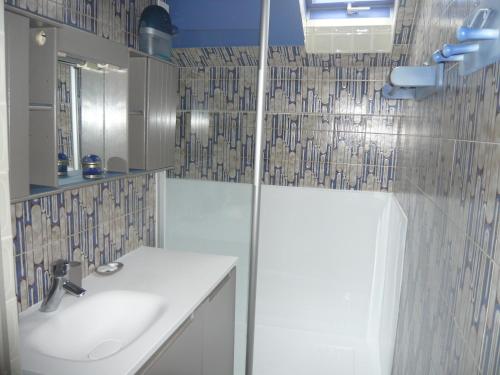 uma casa de banho com um chuveiro e um lavatório. em La Sapotine em Étrembières