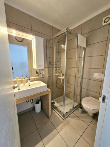 a bathroom with a shower and a sink and a toilet at Bella Vista Blu apartman s pogledom na more, Povljana, otok Pag in Povljana