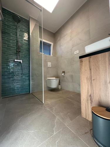 a bathroom with a shower and a toilet and a sink at House Pavicic in Poljica