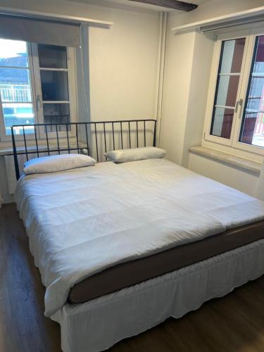 a large bed in a room with two windows at Andaman 1 Zimmer Wohnung in Lucerne