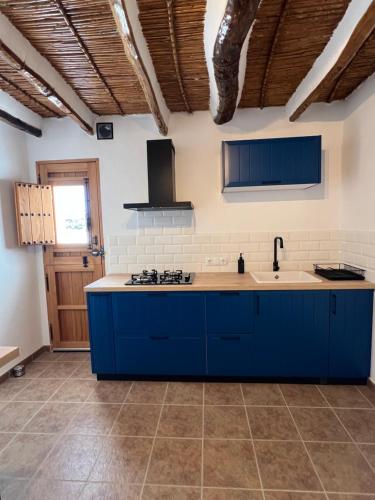 a kitchen with blue cabinets and a sink at Cortijo de las Piedras in Lubrín