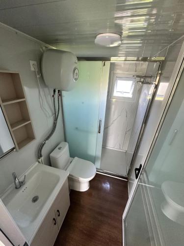 a bathroom with a shower and a toilet and a sink at La Casita in Seville