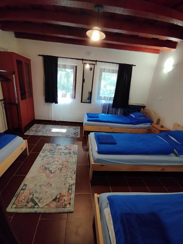 a room with three beds and two rugs at Kiscsengőd Vendégház in Csengőd