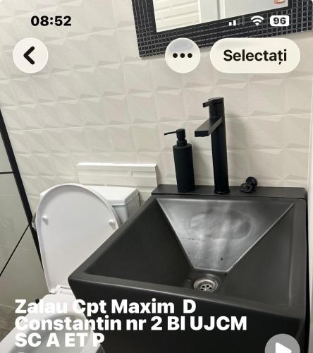 a black sink in a bathroom with a toilet at Central Apartment in Zalău