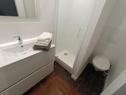 a white bathroom with a sink and a toilet at Charmant studio cosy - Hyper centre in Saint-Gaudens