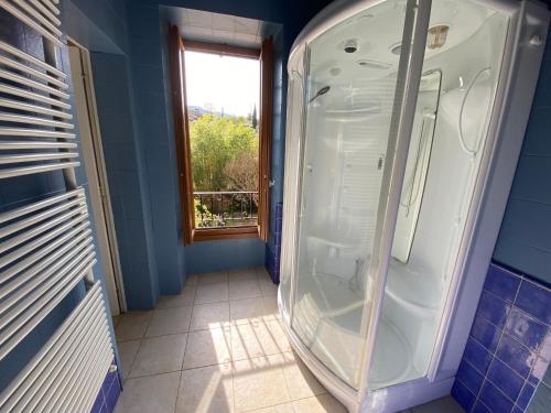 a shower in a blue bathroom with a window at Le Colombier d'Antan in Les Vans