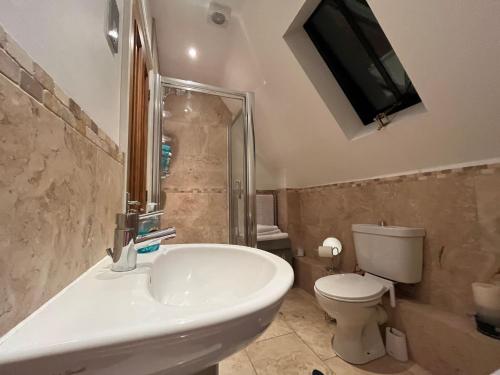 a bathroom with a sink and a toilet and a television at Charming Detached Cottage Guest Room in Silsoe Village in Bedford