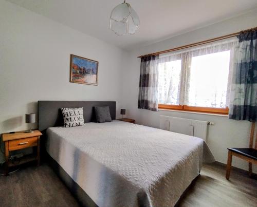 a bedroom with a large bed and a window at Ferienwohnung Törpsch in Pirna