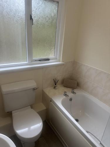 a white bathroom with a toilet and a tub and a window at Willow Valley in Bude