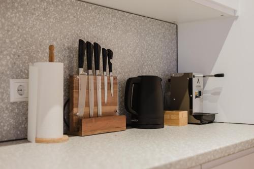a kitchen counter with knives and a knife block at Boho Loft Apartment am Ziegeltor in Amberg