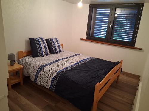 a bedroom with a bed with blue pillows and a window at Maison neuvecelle in Neuvecelle