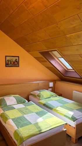 two twin beds in a room with a skylight at Pension Duel in Ústí nad Labem