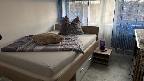 a bedroom with a bed with pillows and a window at Horizont 360 in Kitzingen