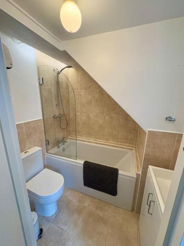 a bathroom with a toilet and a bath tub at Saddle Cottage in Penzance