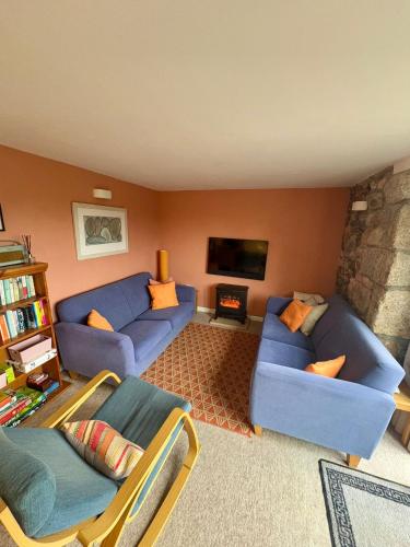 a living room with two blue couches and a tv at Saddle Cottage in Penzance