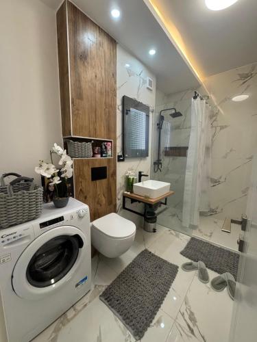 a bathroom with a washing machine and a toilet at Ianmamaia in Mamaia