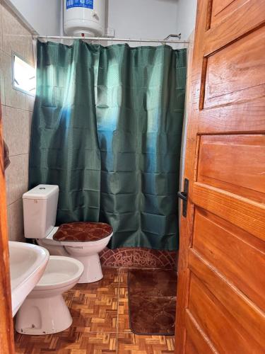 a bathroom with two toilets and a green shower curtain at Raíces Vivas Selva Misionera in Oberá