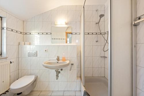 a bathroom with a shower and a sink and a toilet at Monteurzimmer Haus 6 Nebringen für bis zu 12 Personen - Küche und Parkplätze vorhanden in Gäufelden