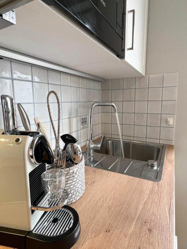 a kitchen counter with a sink and a toaster at Amselkoje in Süderende