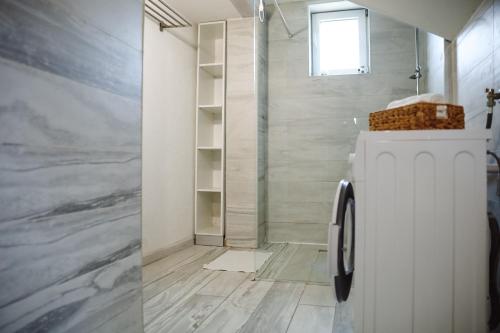 a bathroom with a washer and dryer in a room at Apartman Incerum in Požega