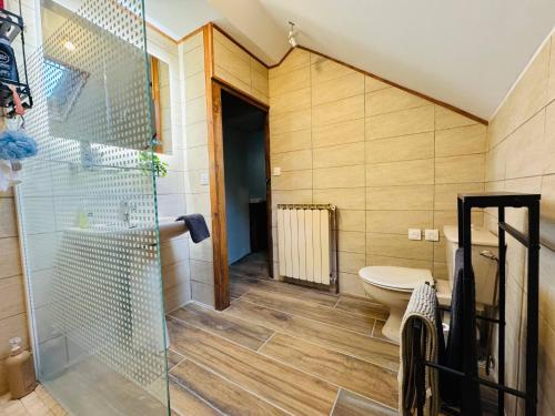a bathroom with a glass shower and a toilet at Charming 19th-Century BB in Saint-Martial-le-Mont, Creuse in Saint-Martial-le-Mont
