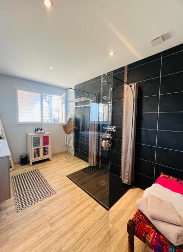 a bathroom with a walk in shower and a glass shower stall at La Perla in Mont-de-Marsan
