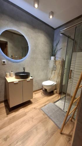 a bathroom with a sink and a toilet and a mirror at Bliżej Lasu - Rodzinny domek w górach in Stary Gieraltów