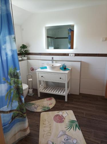 a bathroom with a sink and a mirror at Ferienhaus Rudolf in Achberg