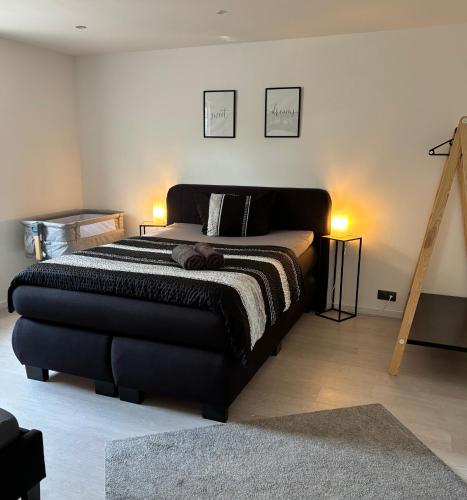 a bedroom with a large bed and two lamps at Ferienwohnung LeJaju in Friedrichsthal
