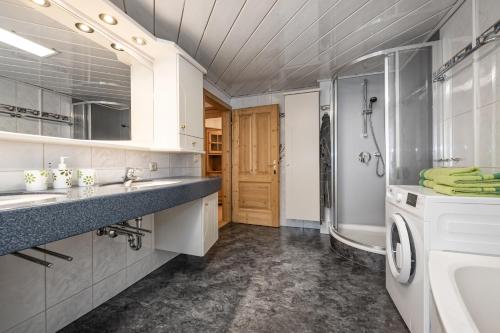a bathroom with a sink and a washing machine at Alpenchalet Mitterlechner in Bad Hofgastein