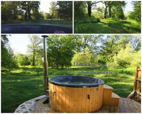 a wooden hot tub in a yard with a field at Sérénité Verte à La Tuilerie Accommodation in La Bazeuge