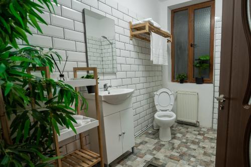 a bathroom with a toilet and a sink and a mirror at Pit Stop Baby in Ploieşti