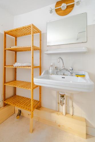 a bathroom with a sink and a shelf at Maison avec jardin in Chirac