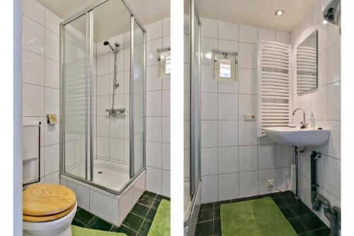 a bathroom with a shower and a toilet and a sink at Vakantiehuis - De Smidse in Haren