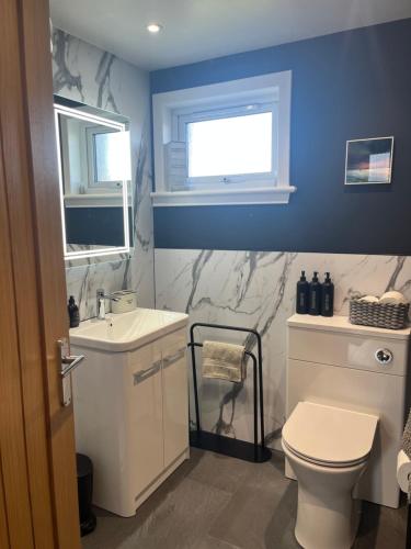 a bathroom with a white toilet and a sink at Buaile nan Carn in Kilmuir
