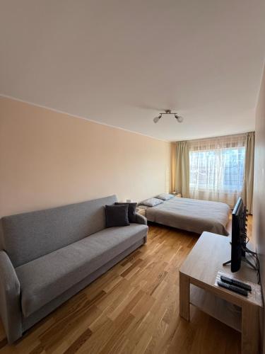 a living room with a couch and a bed at Dzīvoklis Bauskā in Bauska