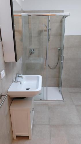 a bathroom with a shower and a white sink at Guest House Il Colibri' in Bologna