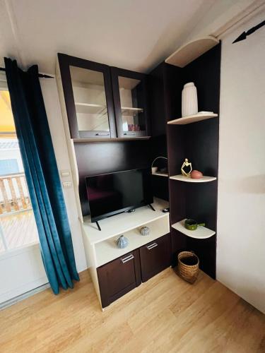 a living room with a tv and some shelves at MH J08 - Camping Siblu La plage in Mimizan-Plage
