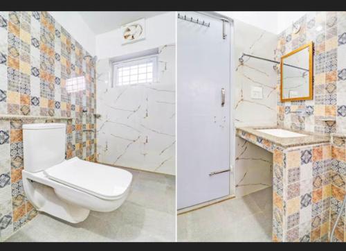 two pictures of a bathroom with a toilet and a sink at Hotel RP Residency in Nakraunda