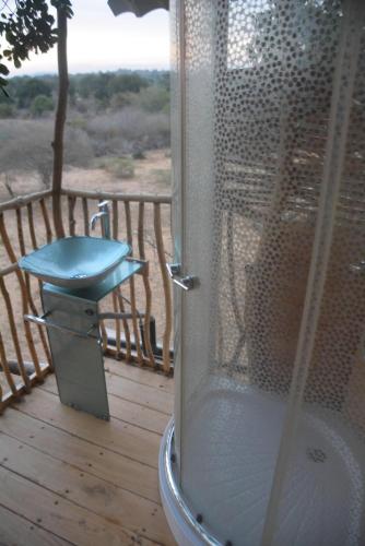 a glass shower door on a deck with a sink at Yala Dream Park in Yala