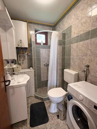 a bathroom with a toilet a sink and a washing machine at Levendula Apartman in Bačka Topola